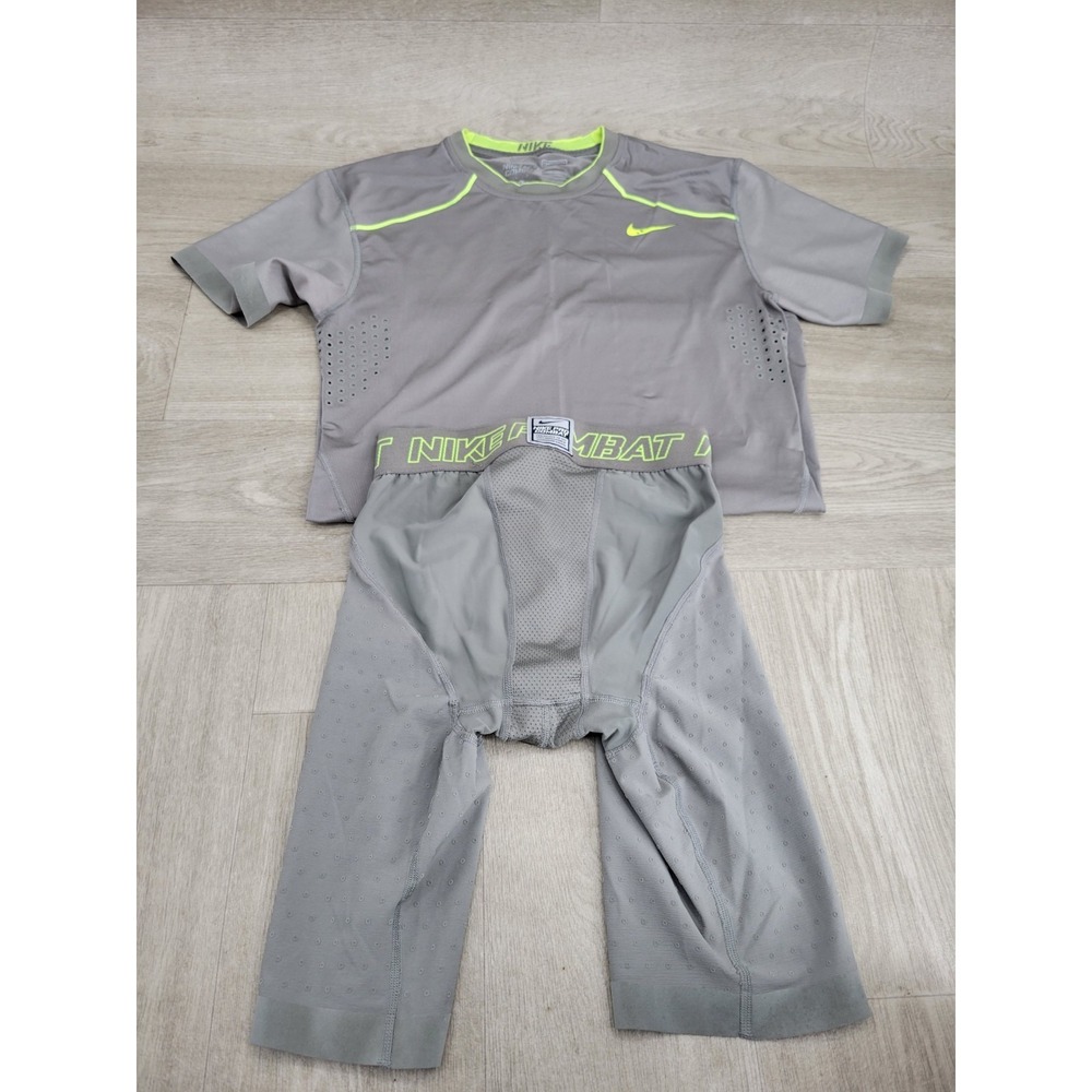 Nike Pro Combat Dri-FIT Compression Set Crew Neck L Shorts M Gray Neon Green